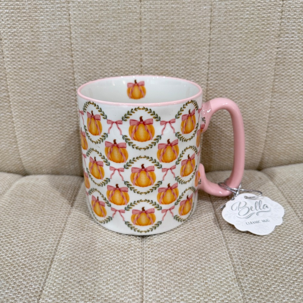 NEW Bella Ceramic Mug Pumpkin Bow Fall Autumn Seasonal Coffee Cup